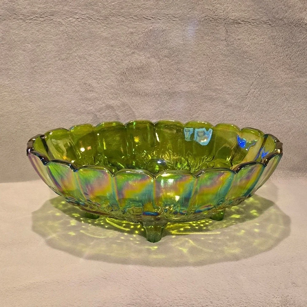 Vintage Indiana Green Carnival Glass Grape Pattern Footed Oval Scalloped Bowl